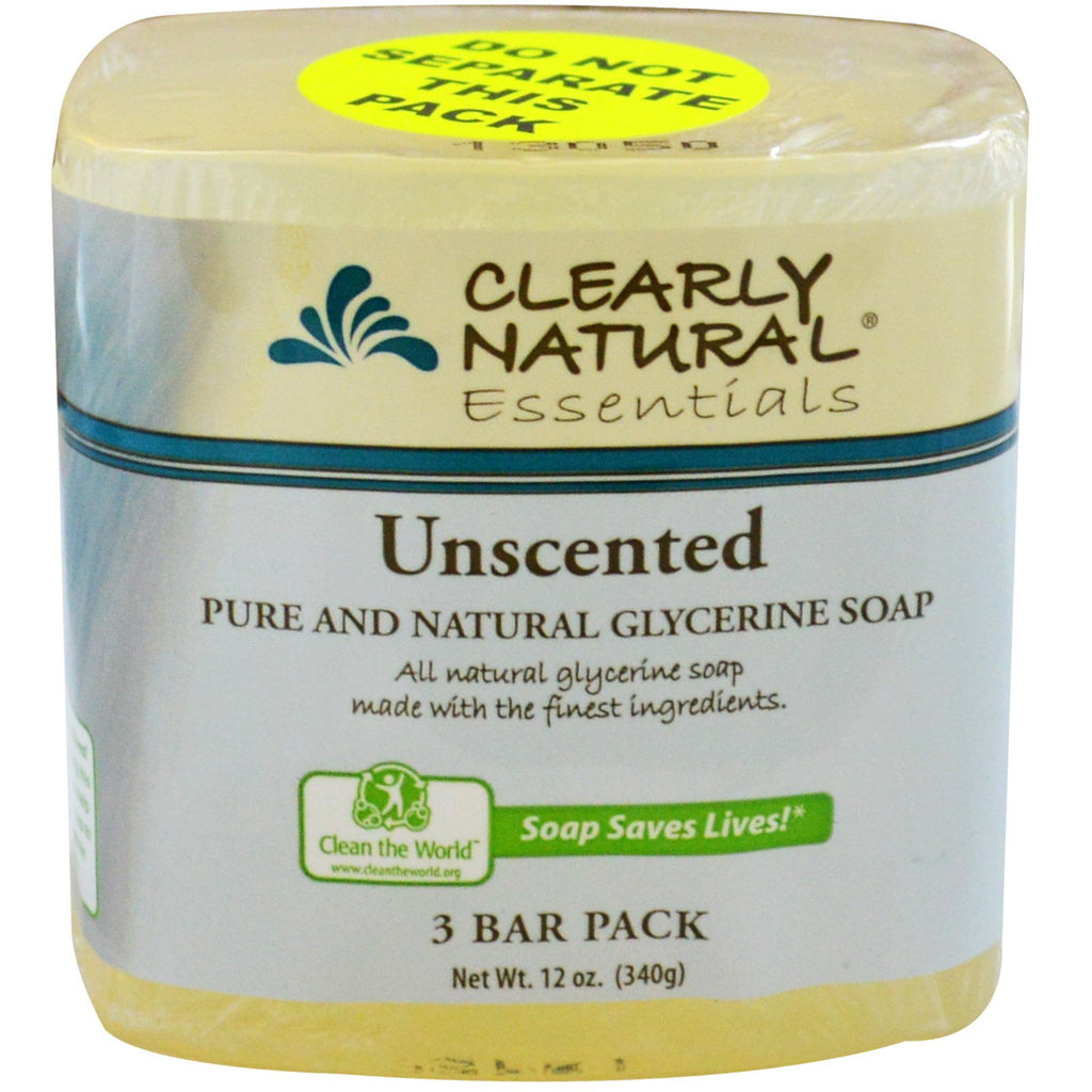 Clearly Natural, Essentials, czyste i naturalne mydło glicerynowe, bezzapachowe, opakowanie 3 kostek, po 4 uncje