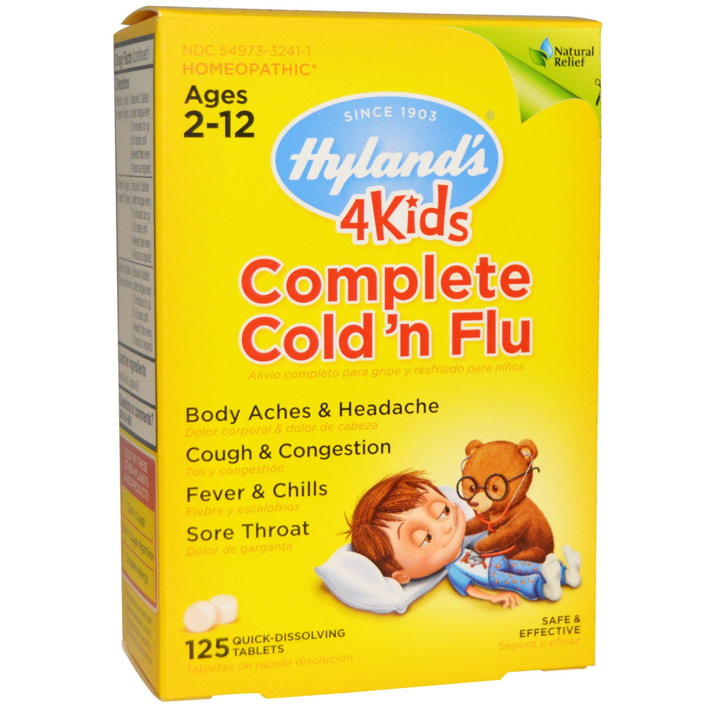 Hyland's, 4 Kids Complete Cold 'n Flu, 2-12 år, 125 snabbupplösande tabletter