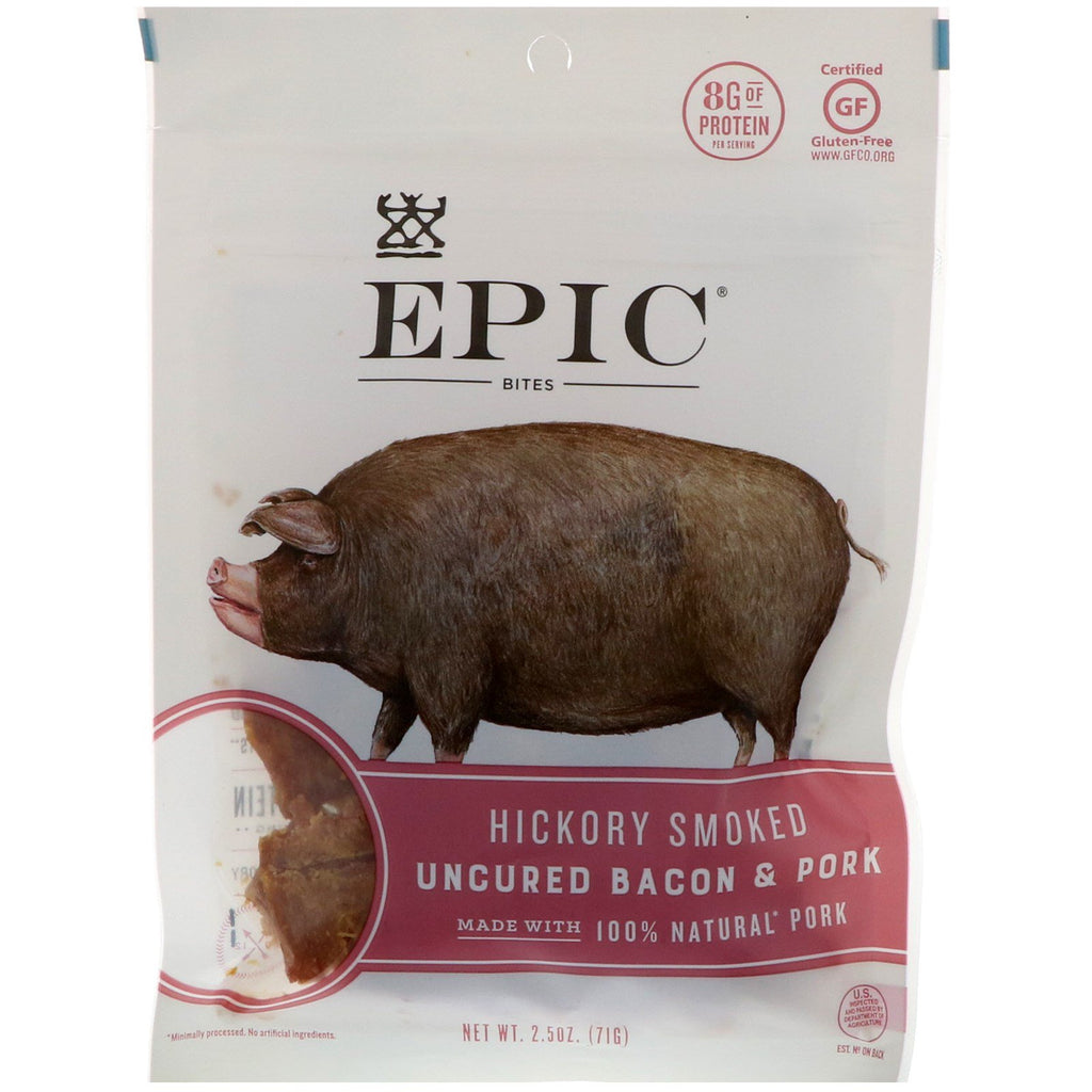 Epic Bar, Bites, Ocured Bacon & Pork, Hickory Rökt, 2,5 oz (71 g)
