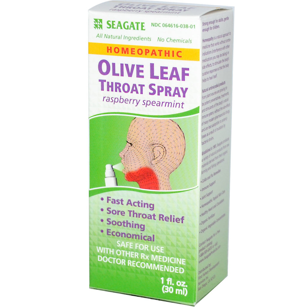 Seagate, Spray do gardła z liśćmi oliwnymi, malina, mięta, 1 uncja (30 ml)