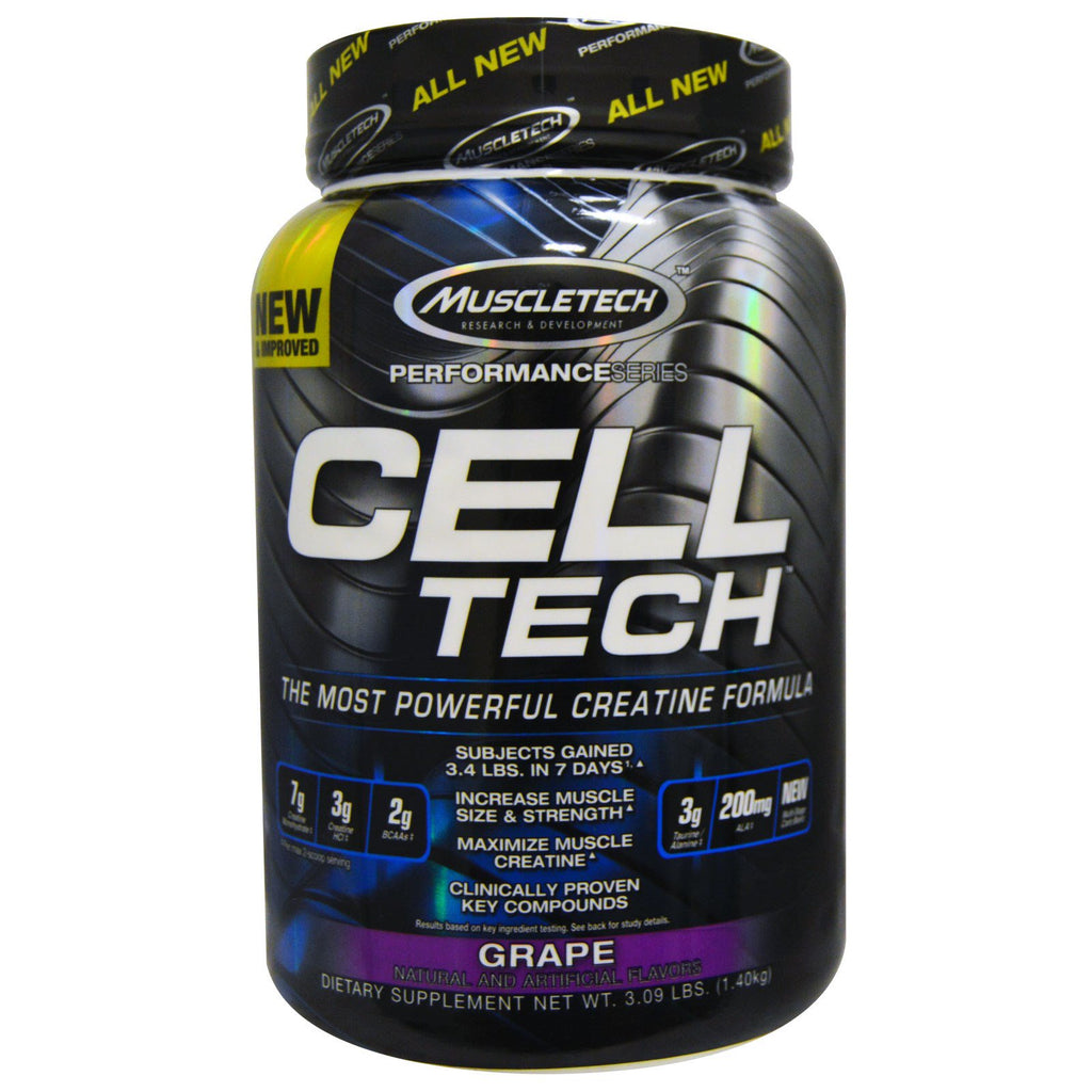 Muscletech, Cell Tech, cea mai puternică formulă de creatină, struguri, 3,09 lbs (1,40 kg)