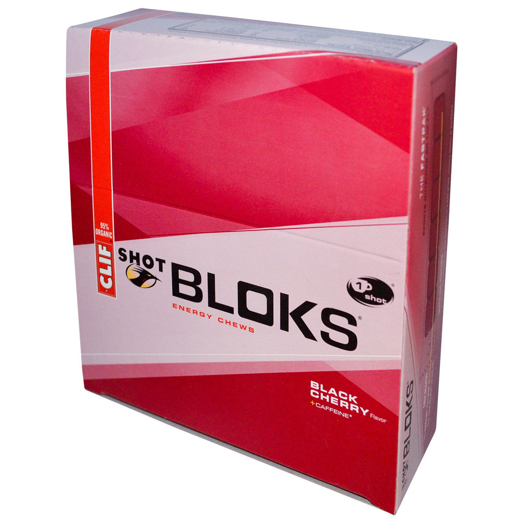 Clif Bar, Shot Bloks, לעיסות אנרגיה, +קפאין, טעם דובדבן שחור, 18 חבילות, 2.1 אונקיות (60 גרם) כל אחת