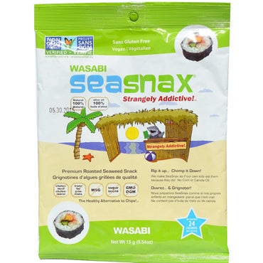 SeaSnax, Lanche Premium de Algas Marinhas Assadas, Wasabi, 15 g (0,54 oz)