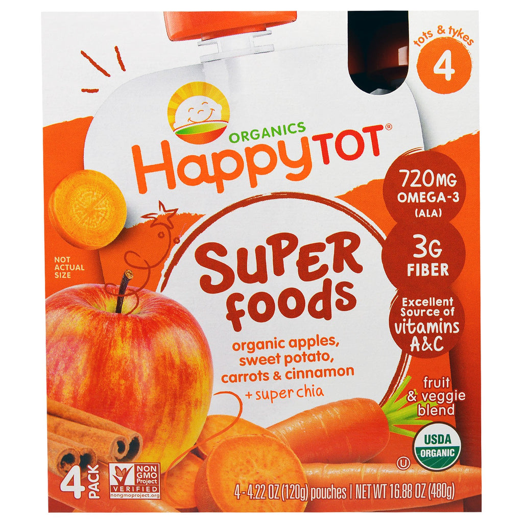 नर्चर इंक. (हैप्पी बेबी) हैप्पीटॉट सुपरफूड्स सेब, शकरकंद, गाजर और दालचीनी + सुपरचिया 4 पाउच - 4.22 औंस (120 ग्राम) प्रत्येक