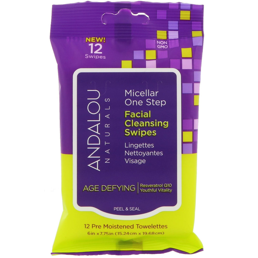Andalou Naturals, Age Defying, Micellar One Step Facial Cleansing Swipes, 12 Pre Moistened Towelettes