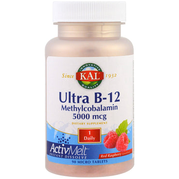 KAL, Ultra B-12 Metilcobalamina, Framboesa Vermelha, 5.000 mcg, 90 Microcomprimidos