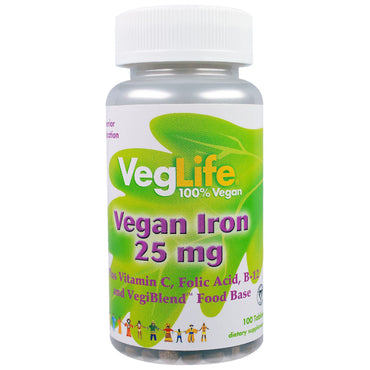 VegLife, Hierro vegano, 25 mg, 100 tabletas