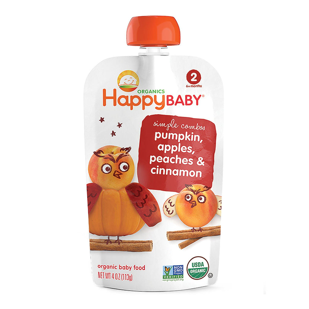 (Happy Baby) أغذية الأطفال، اليقطين، التفاح، الخوخ، والقرفة، المرحلة 2، 6+ أشهر، 4 أونصة (113 جم)