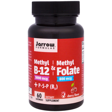 Jarrow Formulas, Metil B-12 y folato de metilo, 5000 mcg/800 mcg, sabor a cereza, 60 pastillas