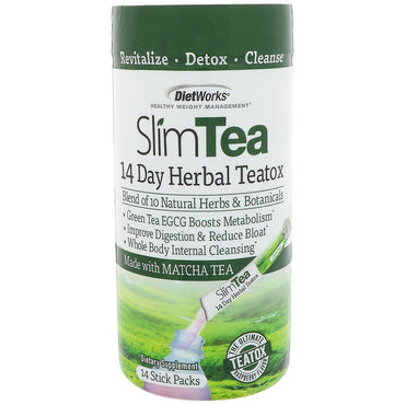 DietWorks, Slim Tea, 14 Day Herbal Teatox, Matcha Tea, Raspberry Flavor, 14 Stick Packs