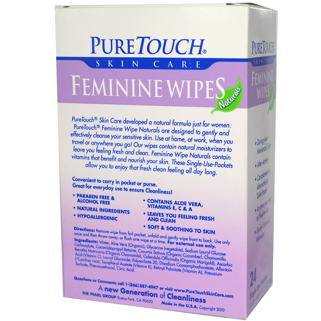 Puretouch huidverzorging, vrouwelijke doekjes, 24 verpakkingen voor eenmalig gebruik