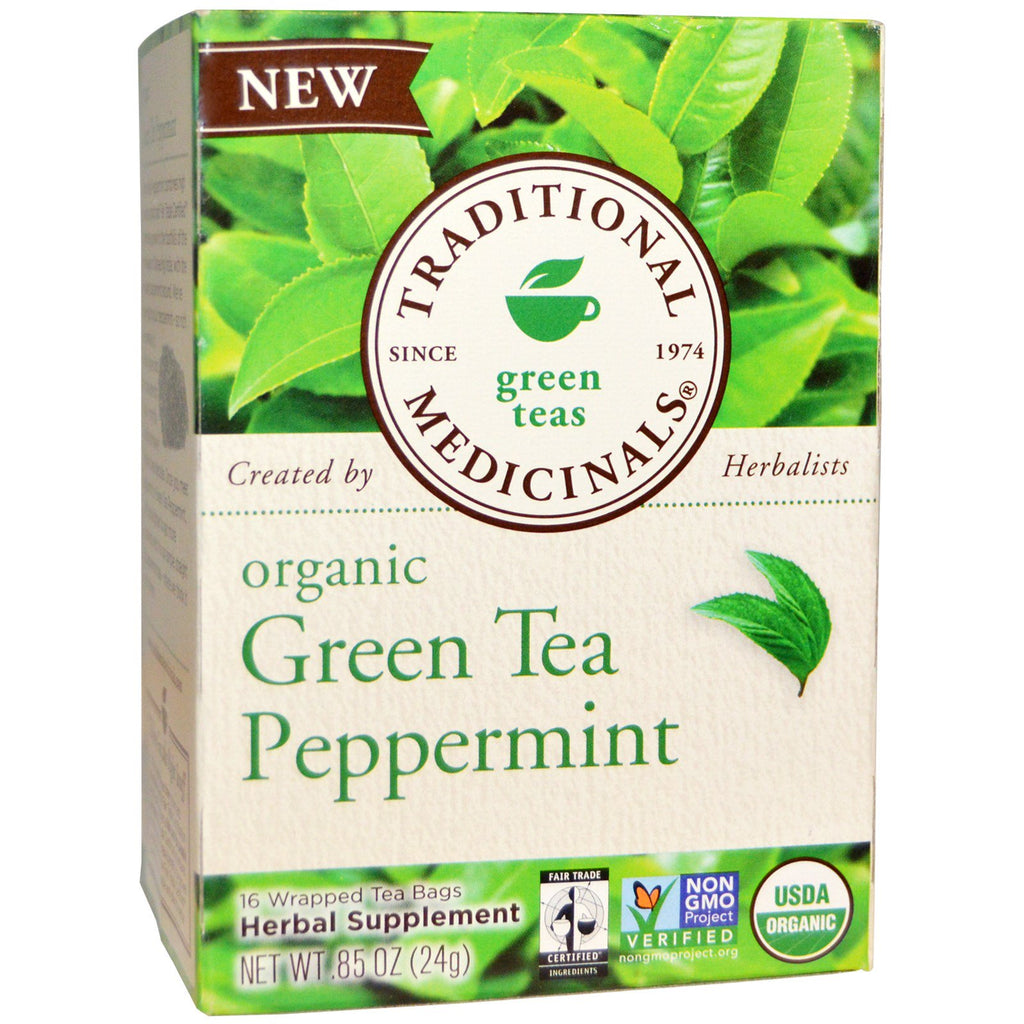 תרופות מסורתיות, תה ירוק, תה ירוק מנטה, 16 שקיות תה עטופות, 0.85 אונקיות (24 גרם)