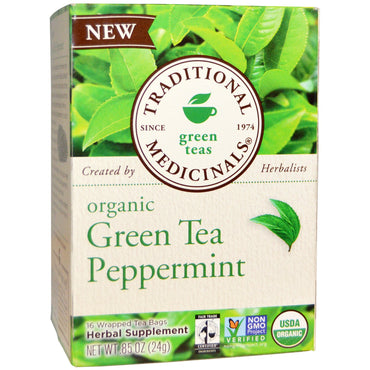 Traditionelle lægemidler, grøn te, grøn te pebermynte, 16 indpakkede teposer, 24 g (0,85 oz)