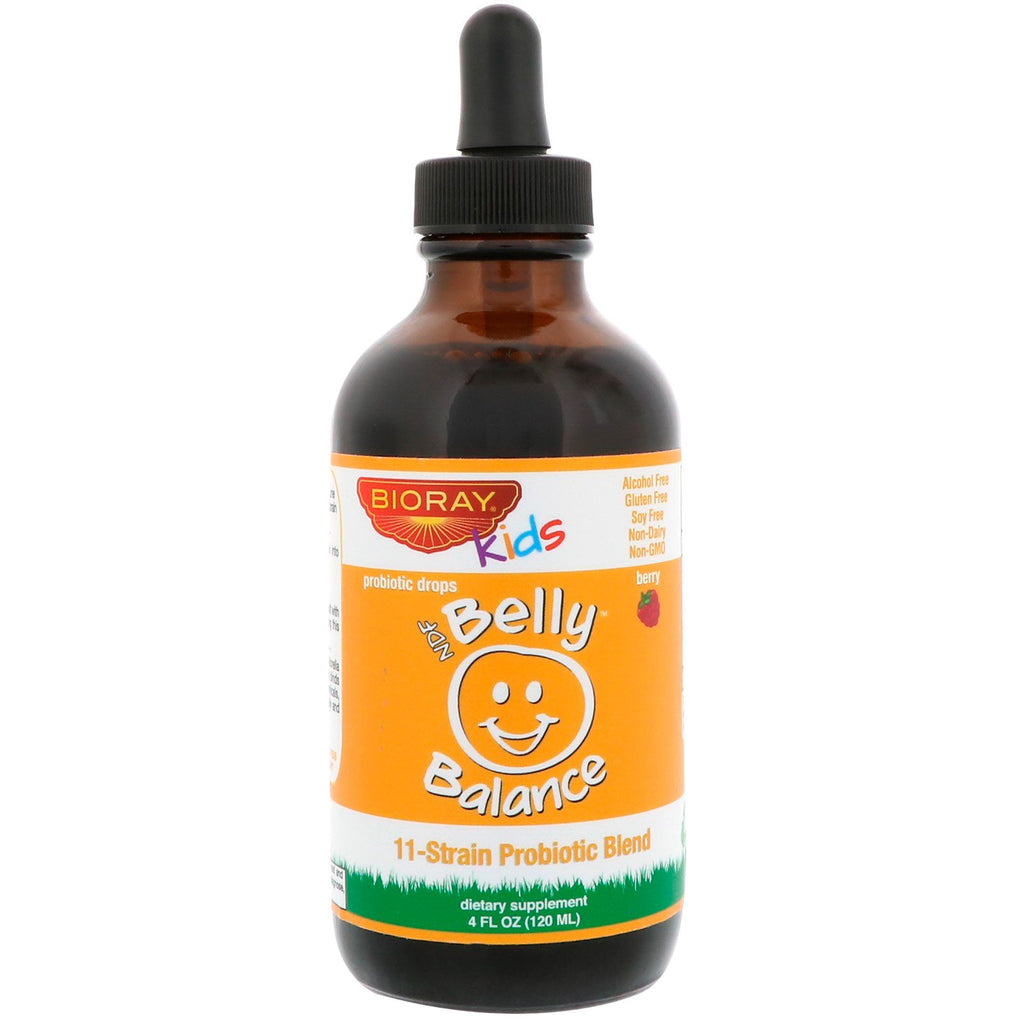 Bioray Inc., Kids, NDF Belly Balance, mieszanka probiotyczna 11 szczepów, aromat jagodowy, 4 uncje (120 ml)