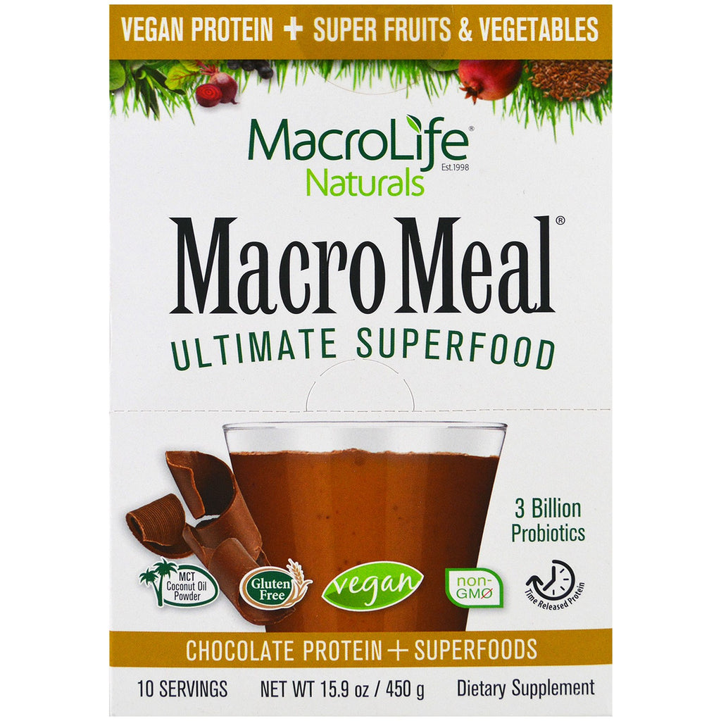 Macrolife Naturals, MacroMeal Ultimate Superfood, Proteína de chocolate + superalimentos, 10 paquetes, 15,9 oz (450 g)