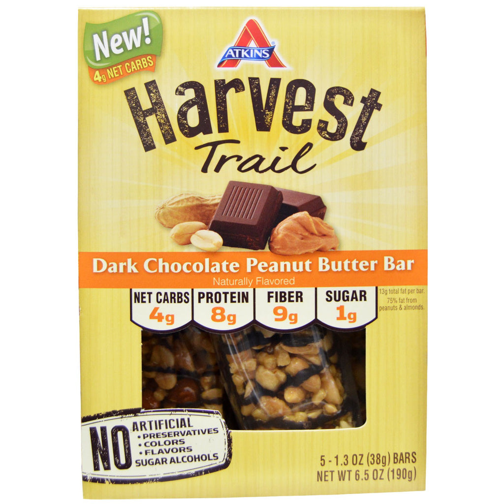 Atkins, Harvest Trail, mørk chokolade jordnøddesmør barer, 5 barer, 1,3 oz (38 g) hver