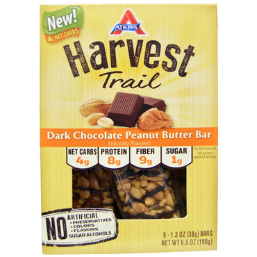 Atkins, Harvest Trail, barras de mantequilla de maní con chocolate amargo, 5 barras, 38 g (1,3 oz) cada una