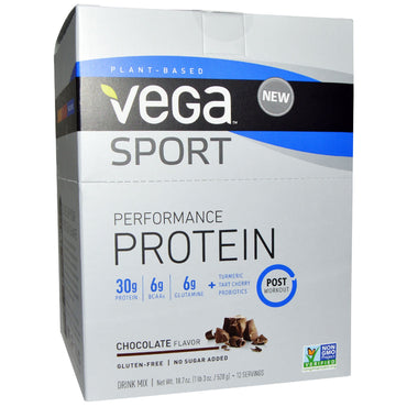 Vega, Sport Performance Proteingetränkemischung, Schokoladengeschmack, 12 Päckchen, je 1,6 oz (44 g).