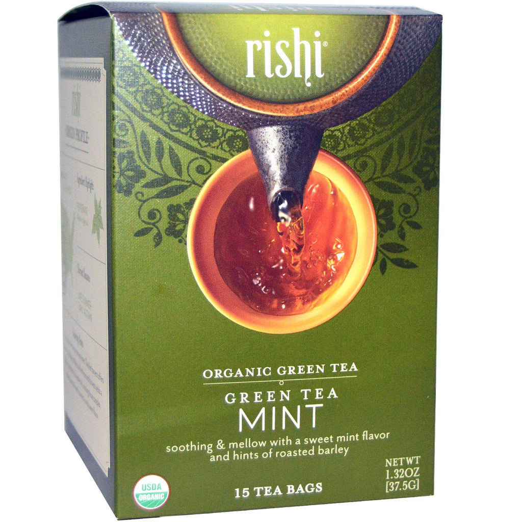 Ceai Rishi, ceai verde, menta, 15 pliculete de ceai, 1,32 oz (37,5 g)