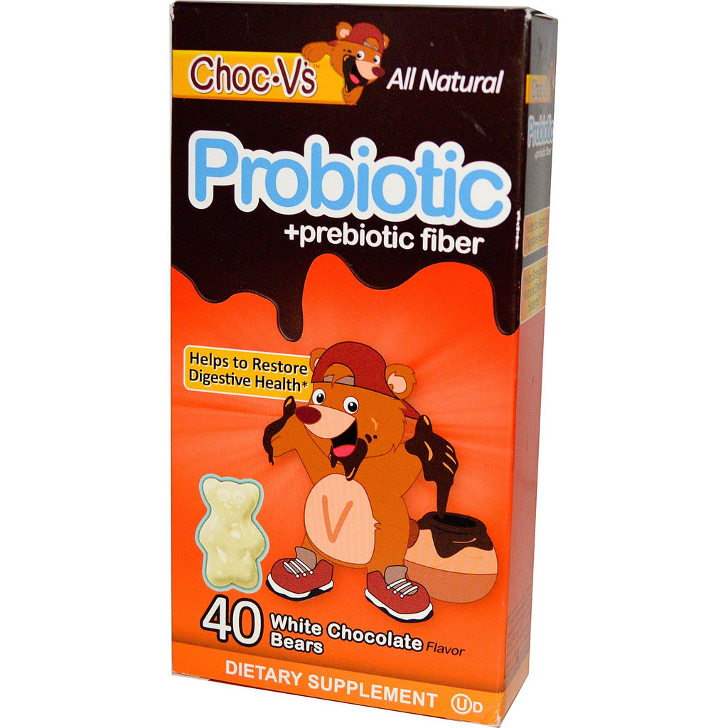 Yum-V's, probiotic + fibre prebiotice, ciocolată albă, 40 de urși