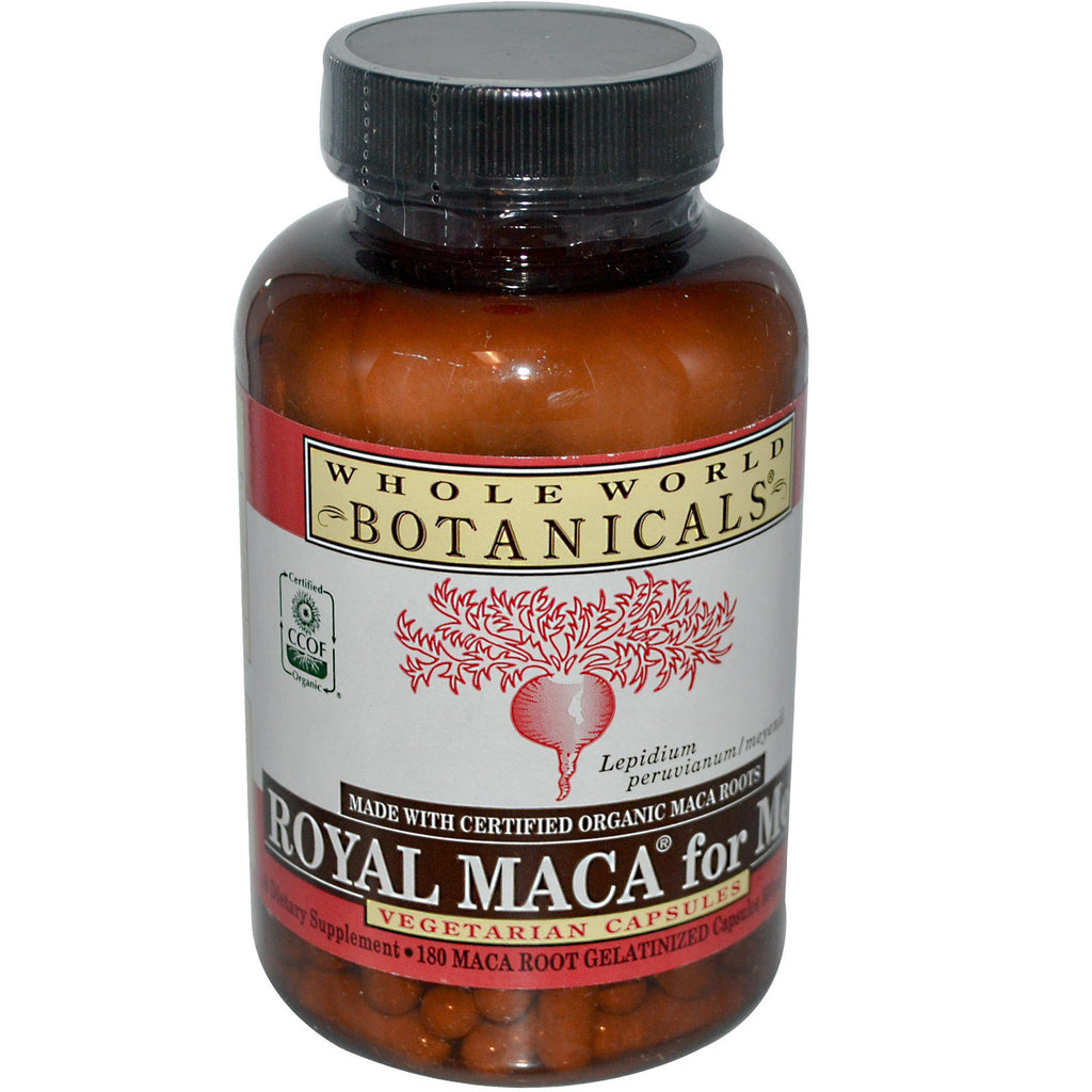 Whole World Botanicals, Royal Maca voor mannen, gegelatineerd, 500 mg, 180 vegetarische capsules