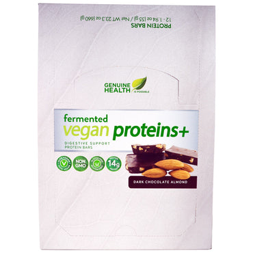 Genuine Health Corporation, Proteínas veganas fermentadas +, chocolate amargo y almendras, 12 barras de proteína, 1,94 oz (55 g) cada una