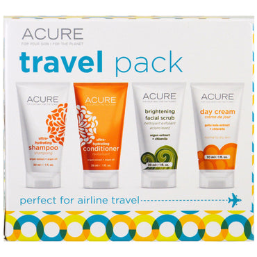 Acure, reispakket, shampoo, conditioner, verhelderende gezichtsscrub, dagcrème, 4-pack, elk 1 oz (30 ml)