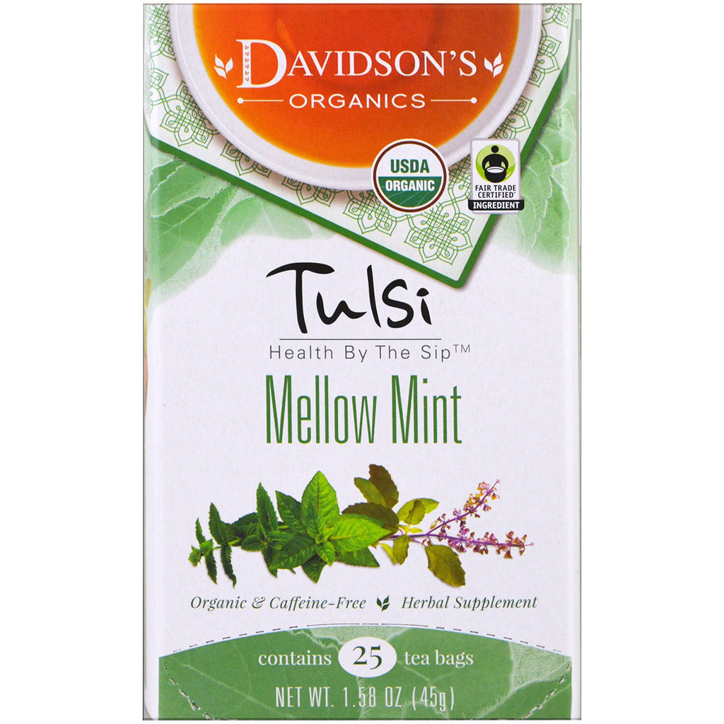 Davidson's Tea, Tulsi, 멜로우 민트 티, 무카페인, 25티백, 45g(1.58oz)