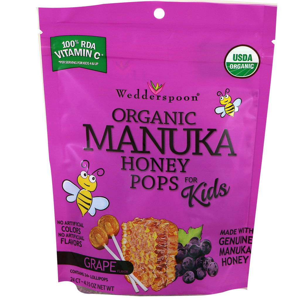 Wedderspoon Manuka Honey Pops voor kinderen Druif 24 tellen 4,15 oz