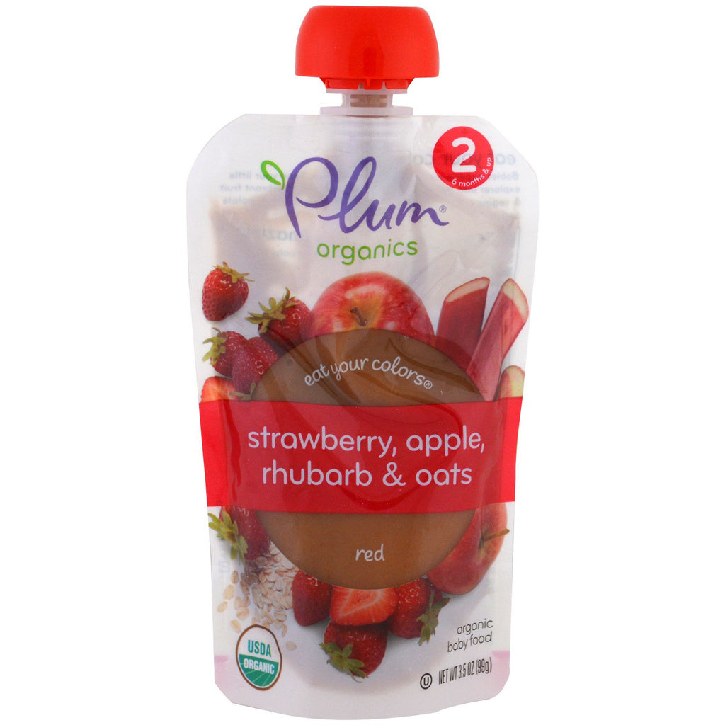 Plum s Stage 2 Eat Your Colours สตรอเบอร์รี่สีแดง Apple Rhubarb & Oats 3.5 ออนซ์ (99 กรัม)