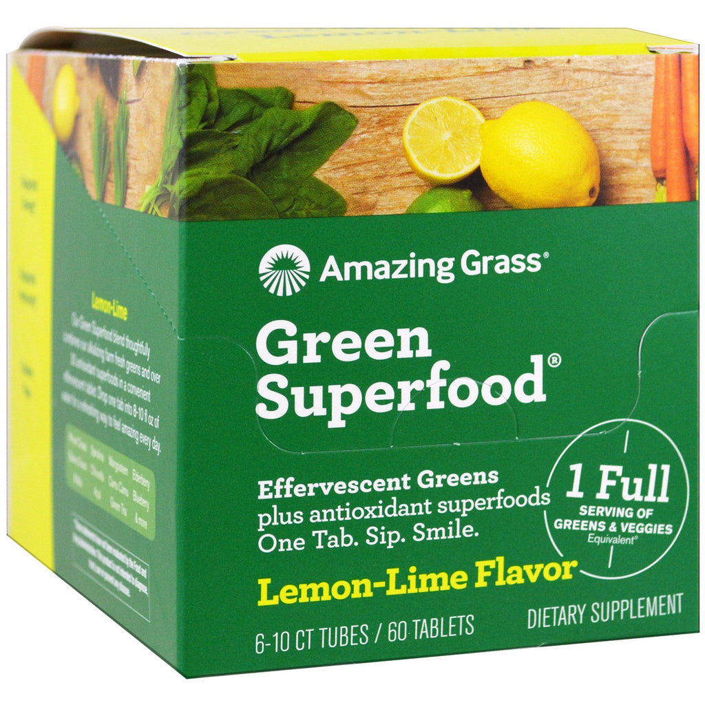Fantastiskt gräs, grön superfood, brusande grönt, citron-lime smak, 6 rör, 10 tabletter vardera