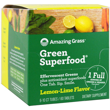 Amazing Grass, superalimento verde, verduras efervescentes, sabor a lima-limón, 6 tubos, 10 tabletas cada uno