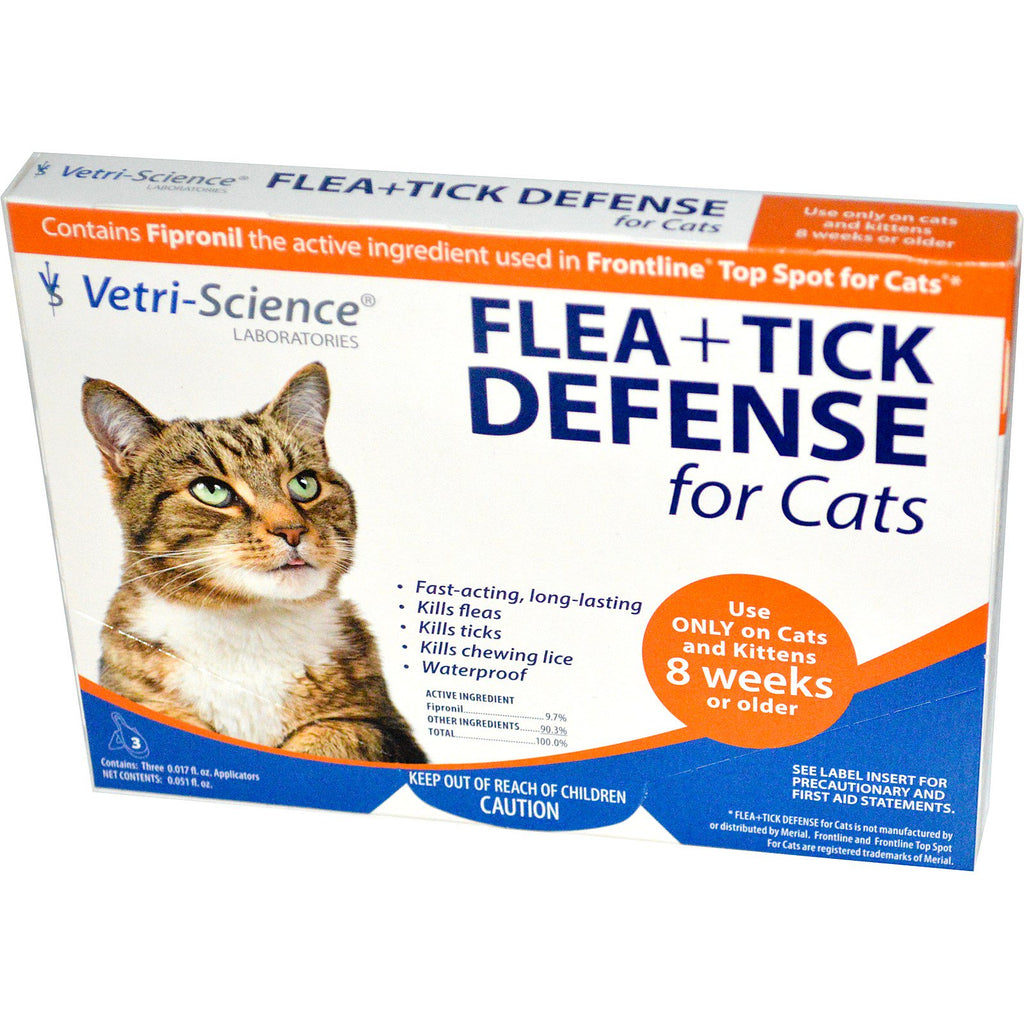 Vetri-Science, Flea + Tick Defense for Cats 8 Weeks or Older, 3 Applicators, 0.017 fl oz Each