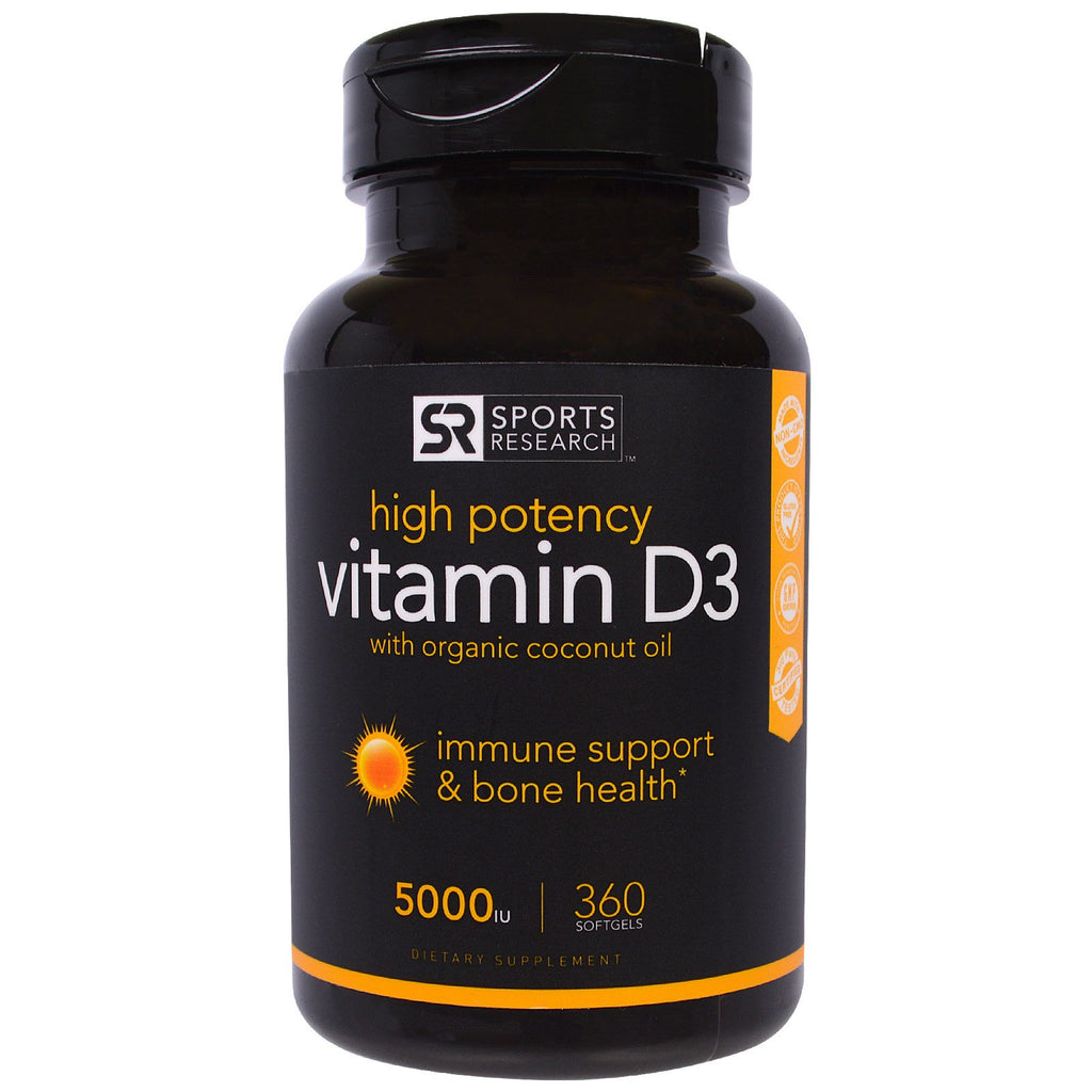 Sports Research, vitamina D3 con aceite de coco orgánico, 5000 UI, 360 cápsulas blandas