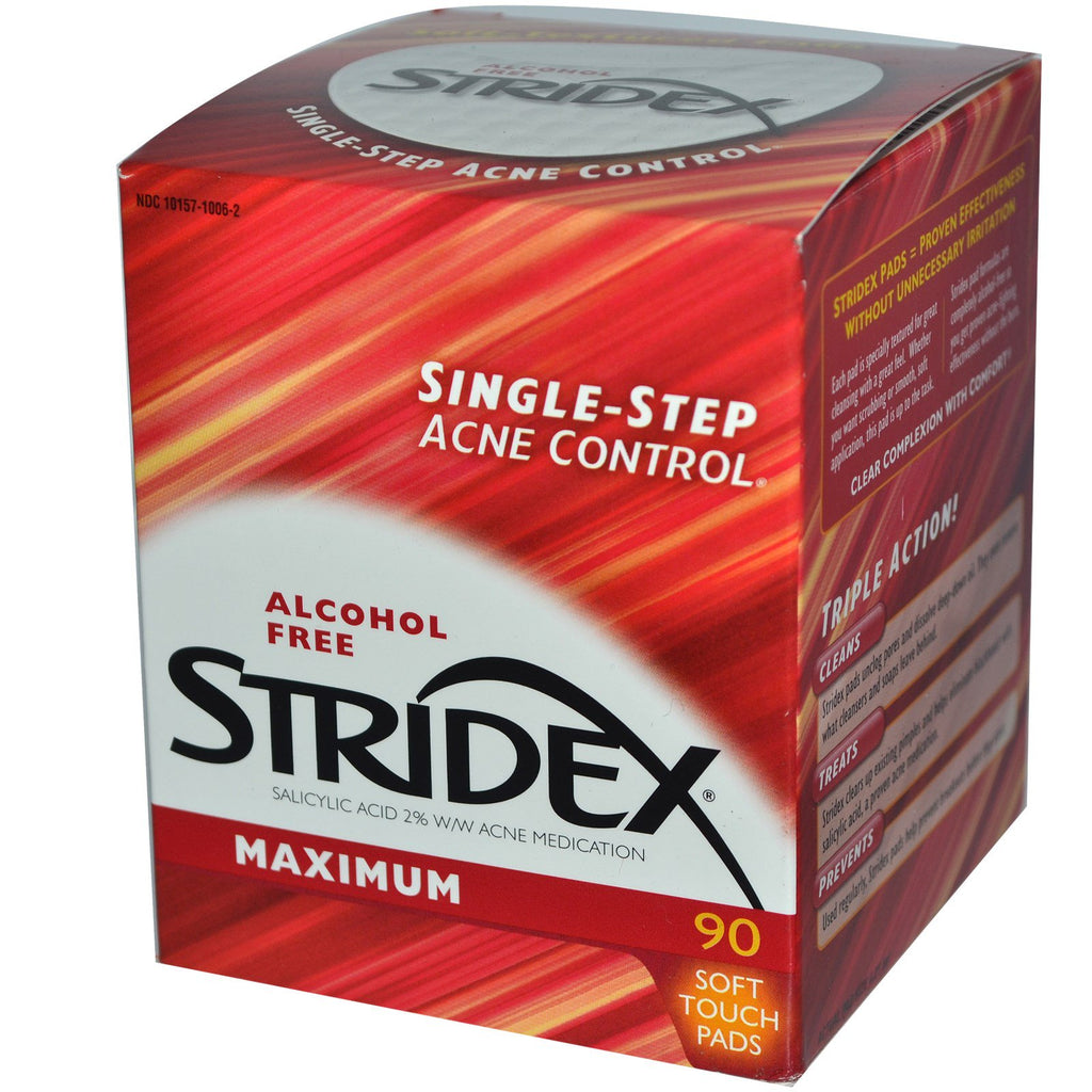 Stridex, Contrôle de l'acné en une étape, Maximum, Sans alcool, 90 tampons doux au toucher