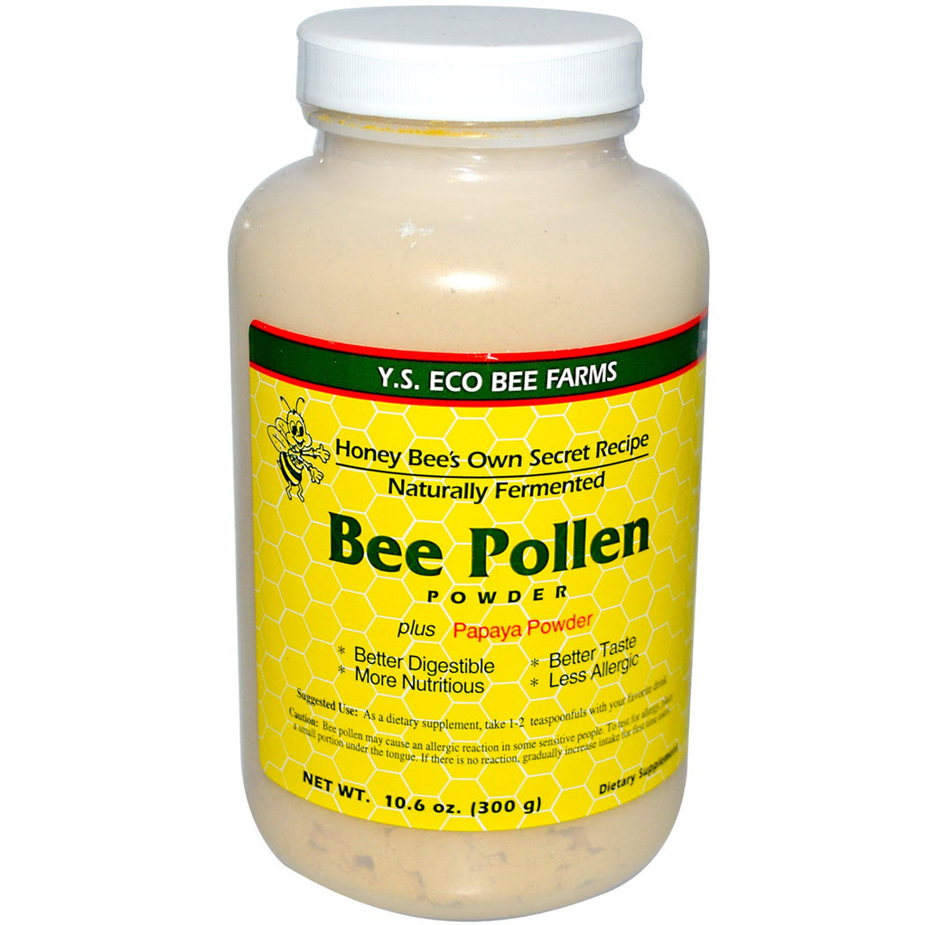YS Eco Bee Farms, pulbere de polen de albine, plus pulbere de papaya, 10,6 oz (300 g)