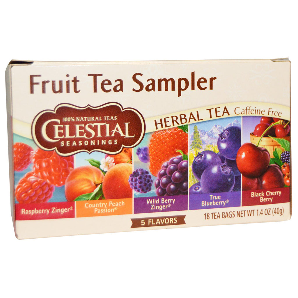 Celestial Seasonings, muestra de té de frutas, té de hierbas, sin cafeína, 5 sabores, 18 bolsitas de té, 1,4 oz (40 g)