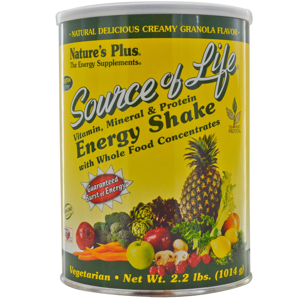 Nature's Plus, sursă de viață, shake energetic cu vitamine, minerale și proteine, aromă cremoasă de granola, 2,2 lb (1014 g)