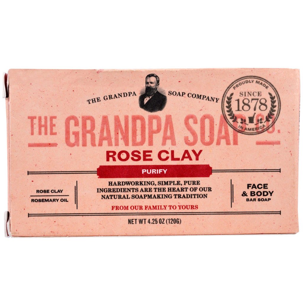 Grandpa's, Face & Body Bar Soap, Purify, Rose Clay, 4.25 oz (120 g)