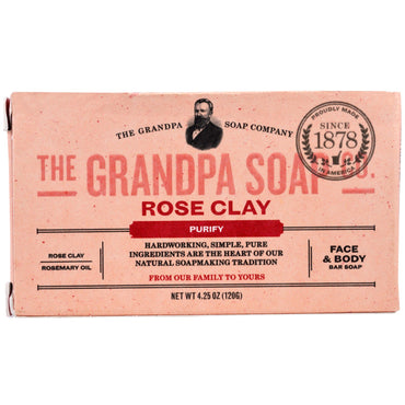 Grandpa's, Pain de savon visage et corps, Purify, Argile rose, 4,25 oz (120 g)