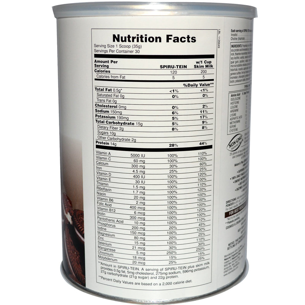 Nature's Plus, Spiru-Tein, High Protein Energy Meal, Cookies & Cream, 2,3 lbs (1050 g)