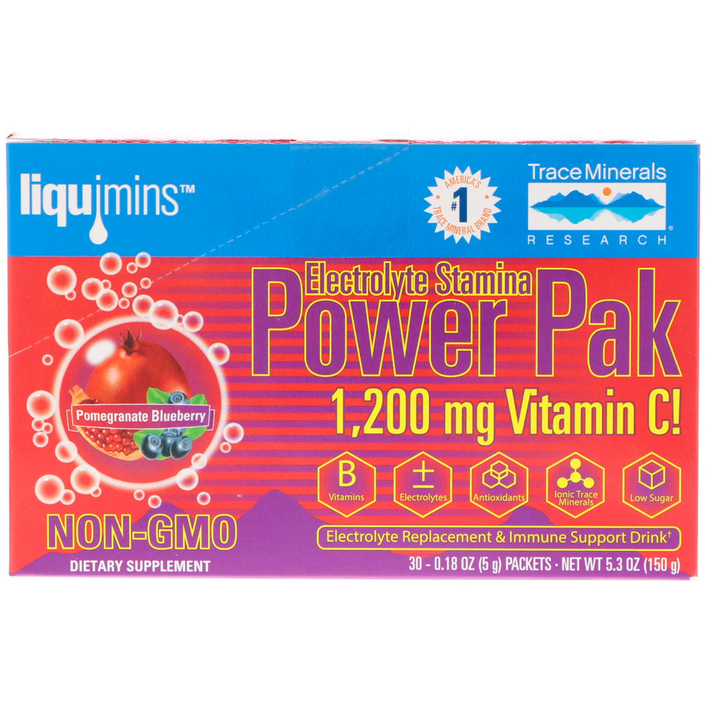 Spårmineralforskning, elektrolytuthållighet, Power Pak, granatäppleblåbär, 1200 mg, 30 paket, 0,18 oz (5 g) vardera