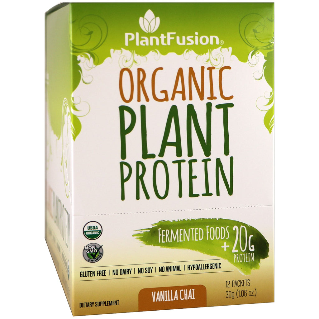 PlantFusion, proteína vegetal, vainilla chai, 12 paquetes, 1,06 oz (30 g) cada uno