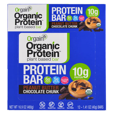 Orgain, 식물성 단백질 바, 땅콩 버터 초콜릿 청크, 바 12개, 각 40g(1.41oz)