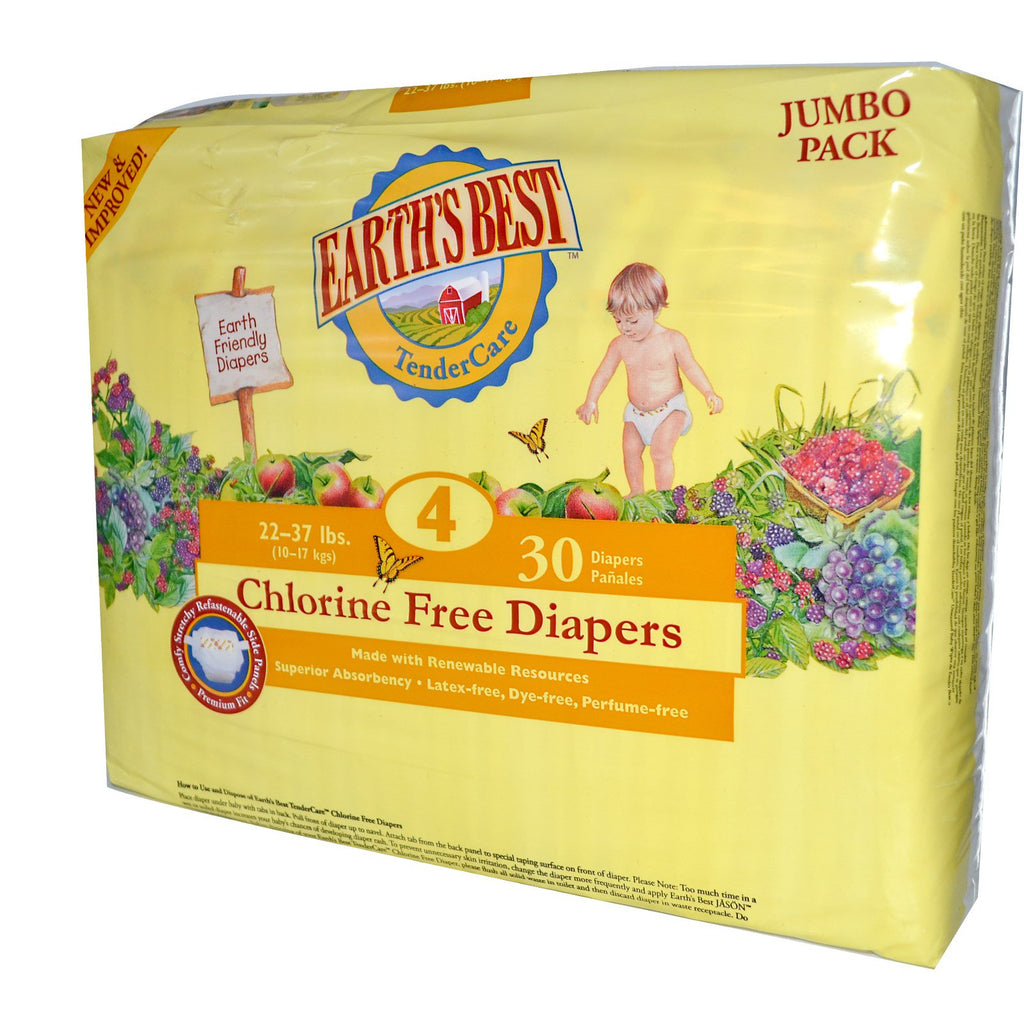 Earth's Best, TenderCare, Chlorine Free Diapers, Size 4, 22-37 lbs, 30 Diapers