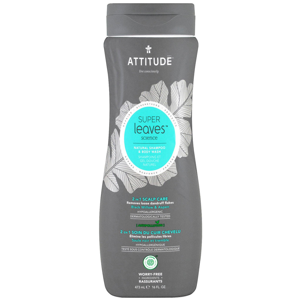 ATTITUDE, Super Leaves Science, șampon natural și gel de gel pentru corp, îngrijire 2 în 1 pentru scalp, salcie neagră și aspen, 16 oz (473 ml)