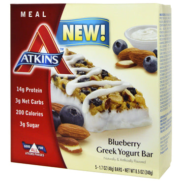 Atkins, græsk yoghurtbar, blåbær, 5 barer, 1,7 oz (48 g) hver