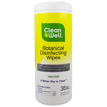 Clean Well, Botanical Disinfecting Wipes, Lemon Scent, 35 Wet Wipes, 7 in x 8 in (117. cm x 20.3 cm)
