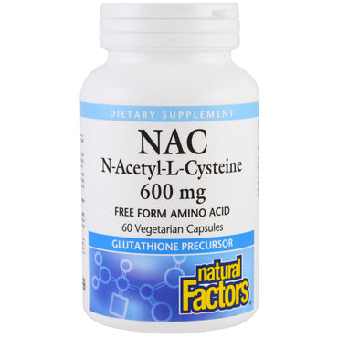 Naturlige faktorer, NAC, N-Acetyl-L-Cystein, 600 mg, 60 vegetariske kapsler