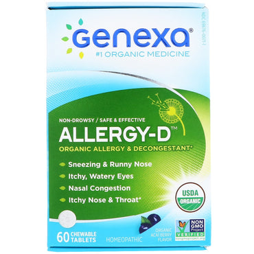 Genexa, Allergy-D voor volwassenen, allergie en decongestivum, acaibessensmaak, 60 kauwtabletten
